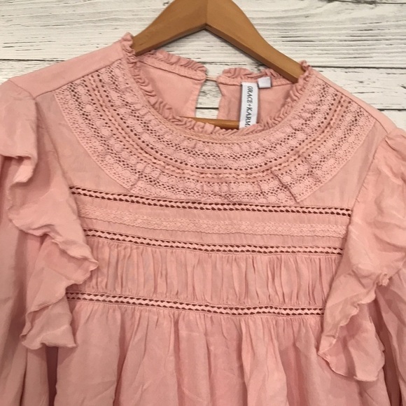 Grace + Karma ruffle crochet babydoll bohemian shirt size L loose fit pink - Picture 3 of 11